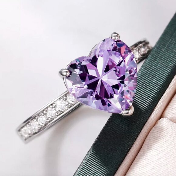 925 Sterling Silver Amethyst Diamond Heart Ring Purple Stone Ring - Picture 2 of 4